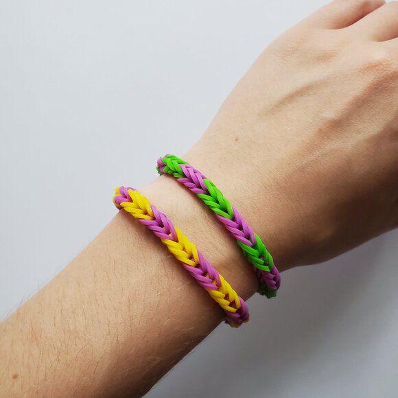 Green/Purple/Yellow Handmade Fishtail Rainbow Loom Bracelets - Picture 2 of 3